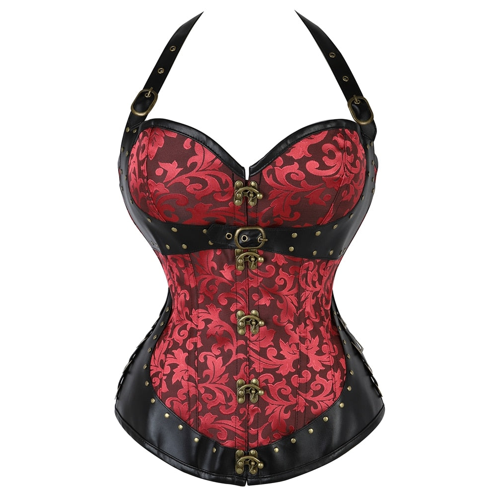 Curvy woman wearing elegant leather shapewear corset bustier for night out