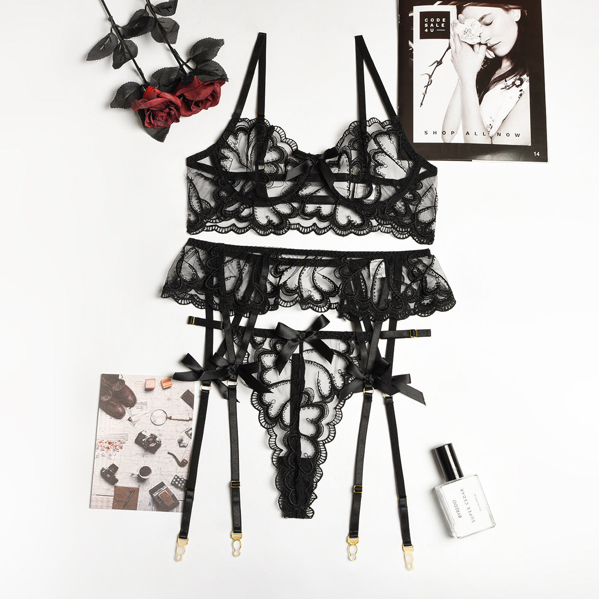 plus size black mesh lace garter three-piece lingerie set