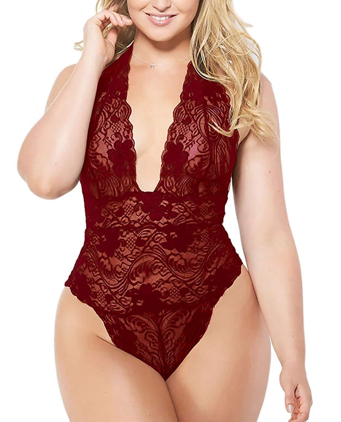 Burgundy plus size lace jumpsuit nightdress for curvy women