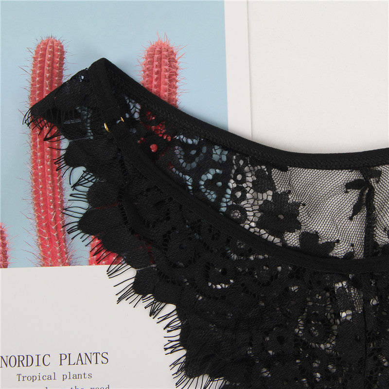 Black lace garment with pink cacti and a light blue background