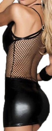 “Back view of plus size halter lingerie dress showing fitted silhouette and fishnet design”