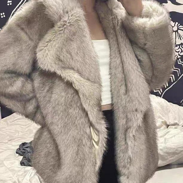 Beige Gray Plus size woman wearing mid-length Toka faux fox fur coat
