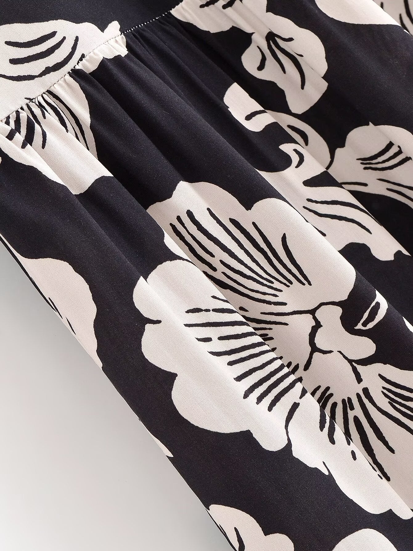 Close-up of a black fabric with white floral patterns