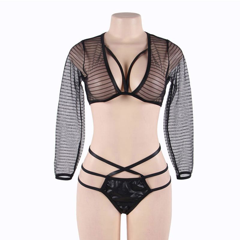 Plus Size Sexy Lingerie – Faux Leather Mesh See-Through Long Sleeve Set for Curvy Women