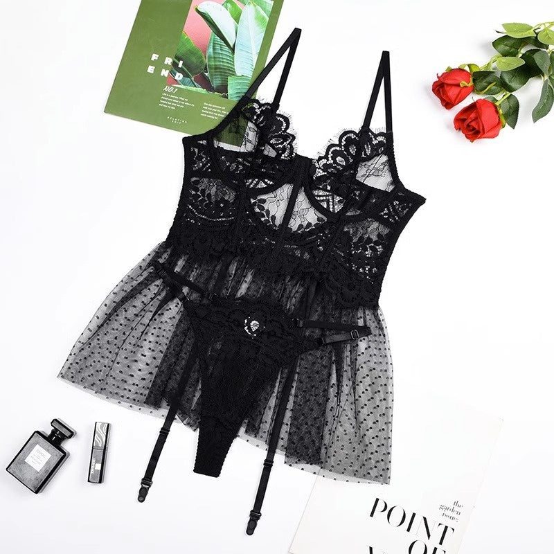 “Flirty see-through lingerie with bra, panty, and garter set”