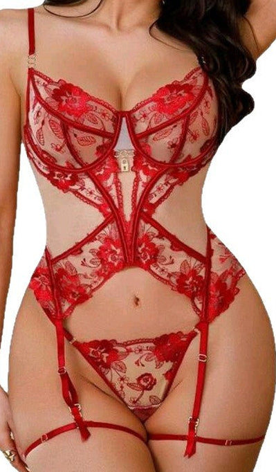“Close‑up of lace detailing on transparent mesh three‑piece lingerie set”
