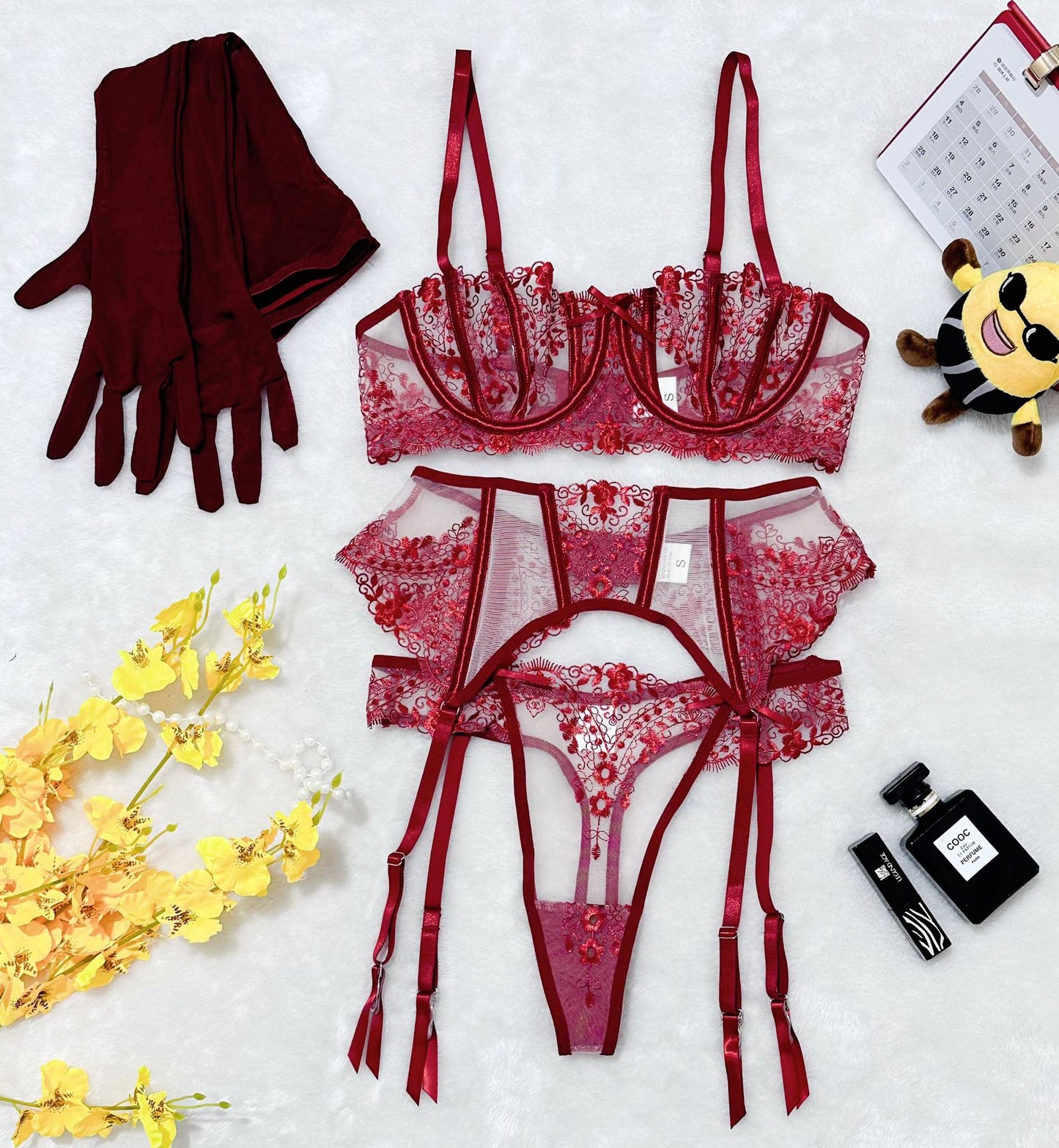 “Sexy sheer lingerie featuring delicate floral embroidery and patchwork”