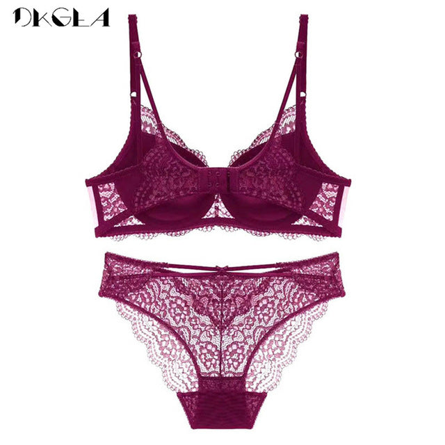 Thick padded bra with matching lace panty displayed flat