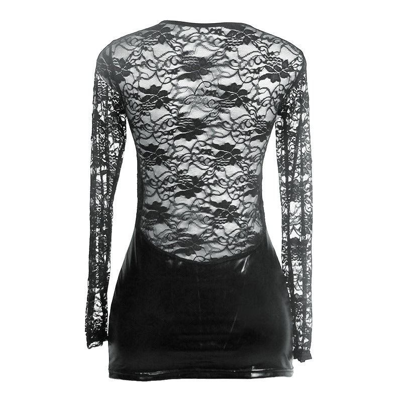 Black lace long-sleeve top on a white background