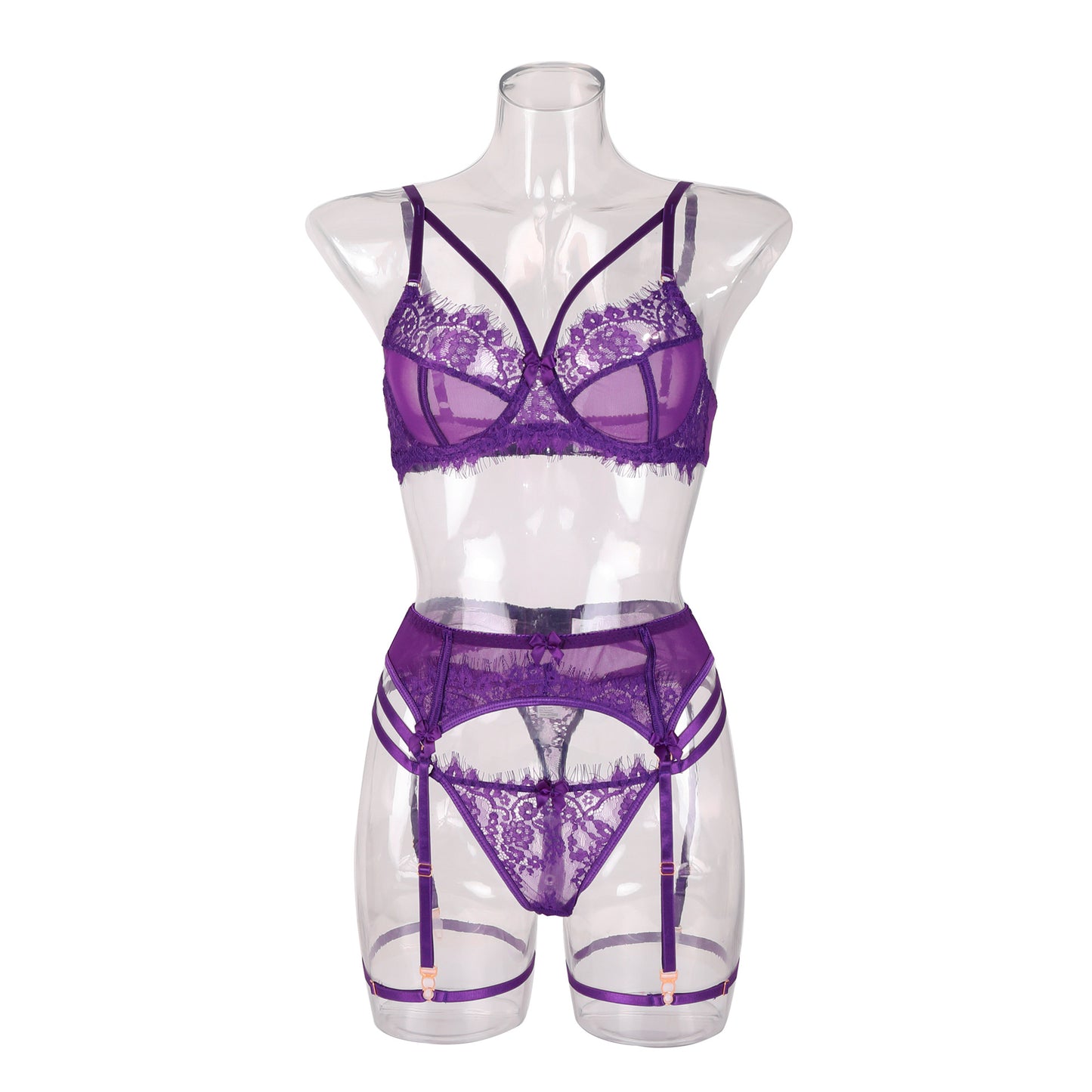 “Full view of French lace purple lingerie set including bralette and thong”