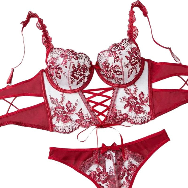 floral mesh cross-tie lingerie set