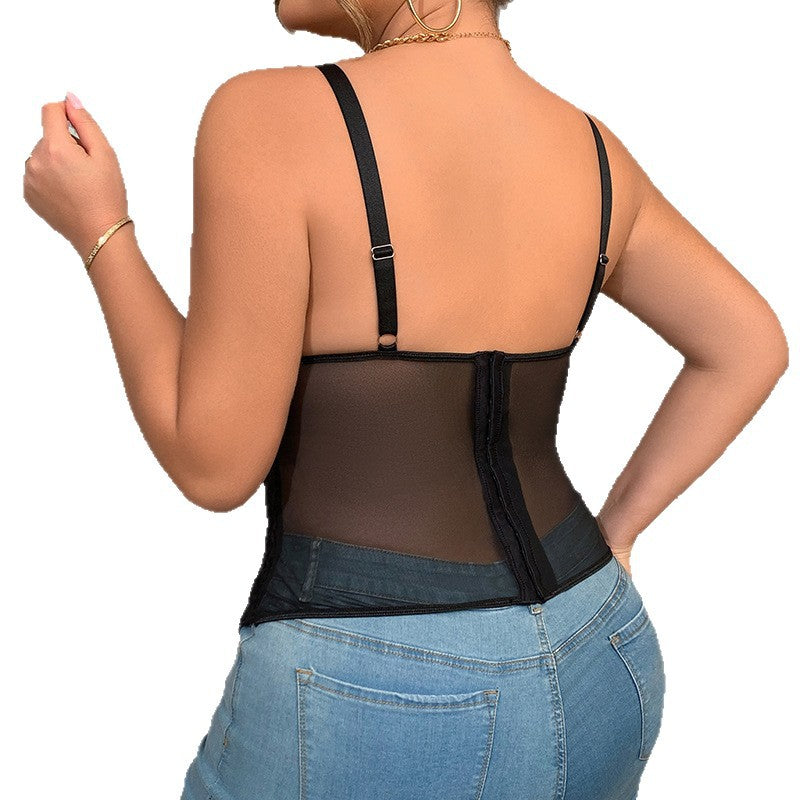 Side view of plus size lace camisole vest showing curve shaping