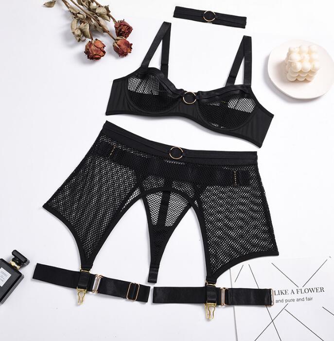 “Side view showing bra, thong, garter belt, and accessories on lingerie set”