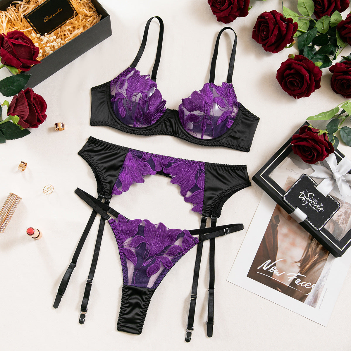 Sexy transparent three-piece lingerie for curvy women