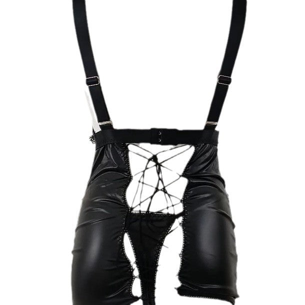 “detail close-up of lace-up front, mesh panels and performance accessories on lingerie costume”