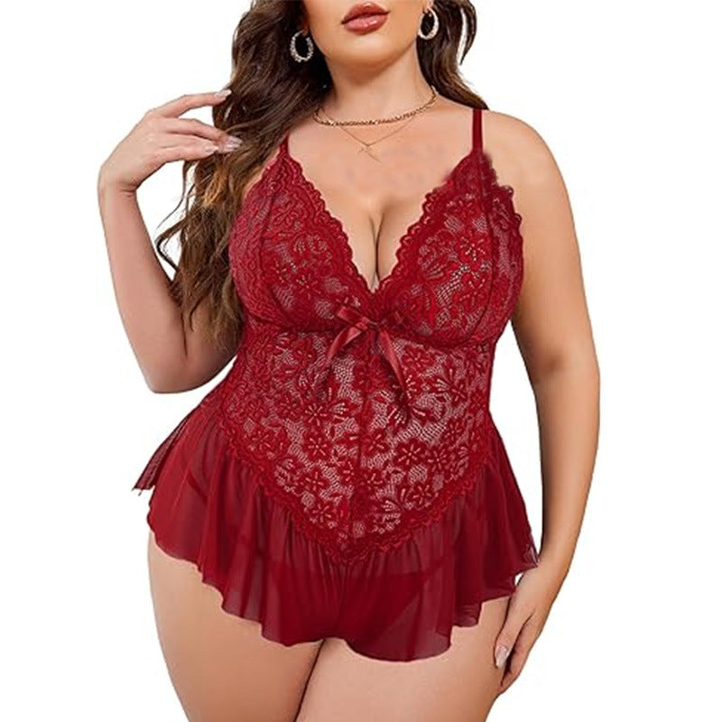 Close-up of lace neckline and bow detail on plus size nightgown