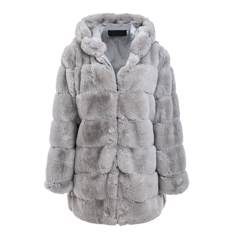Gray Close-up of soft grey faux fur and hoodie design on plus size coat