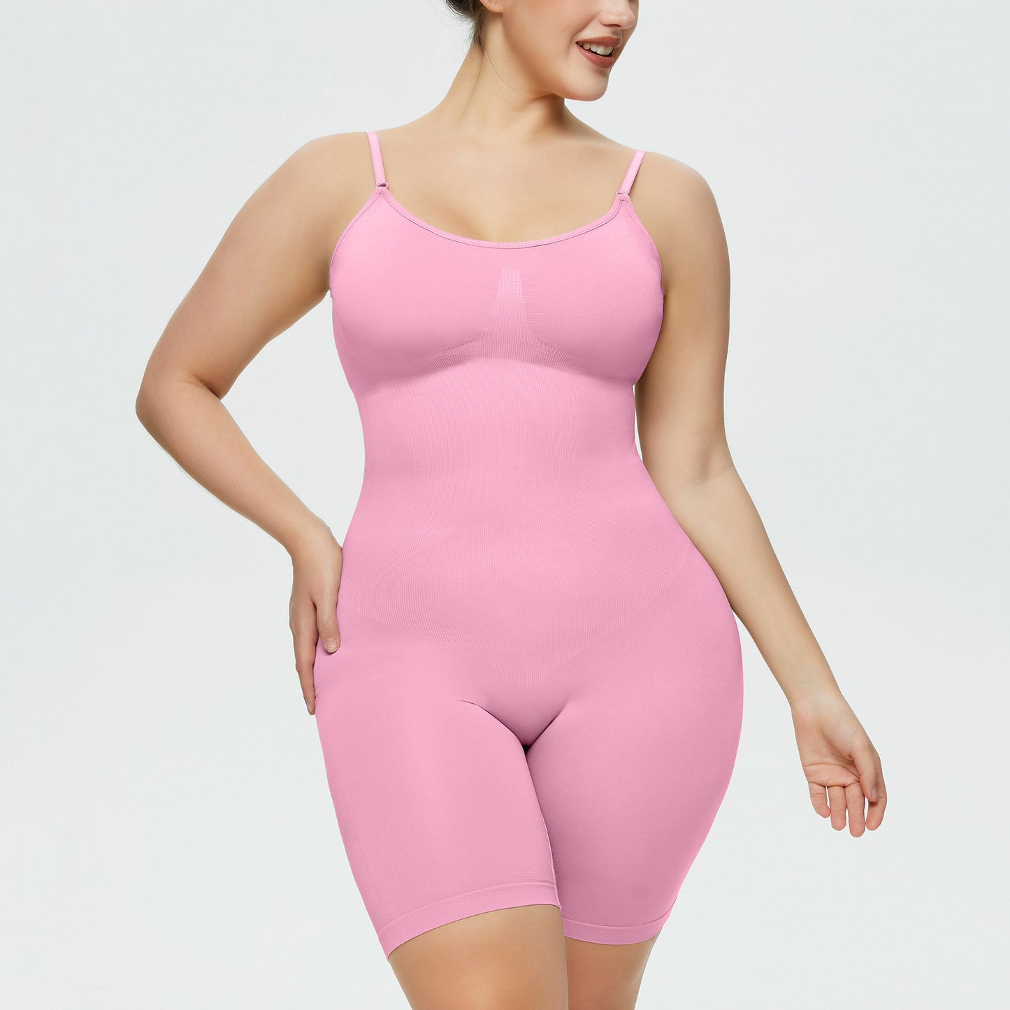 Front view of seamless bodysuit enhancing curves