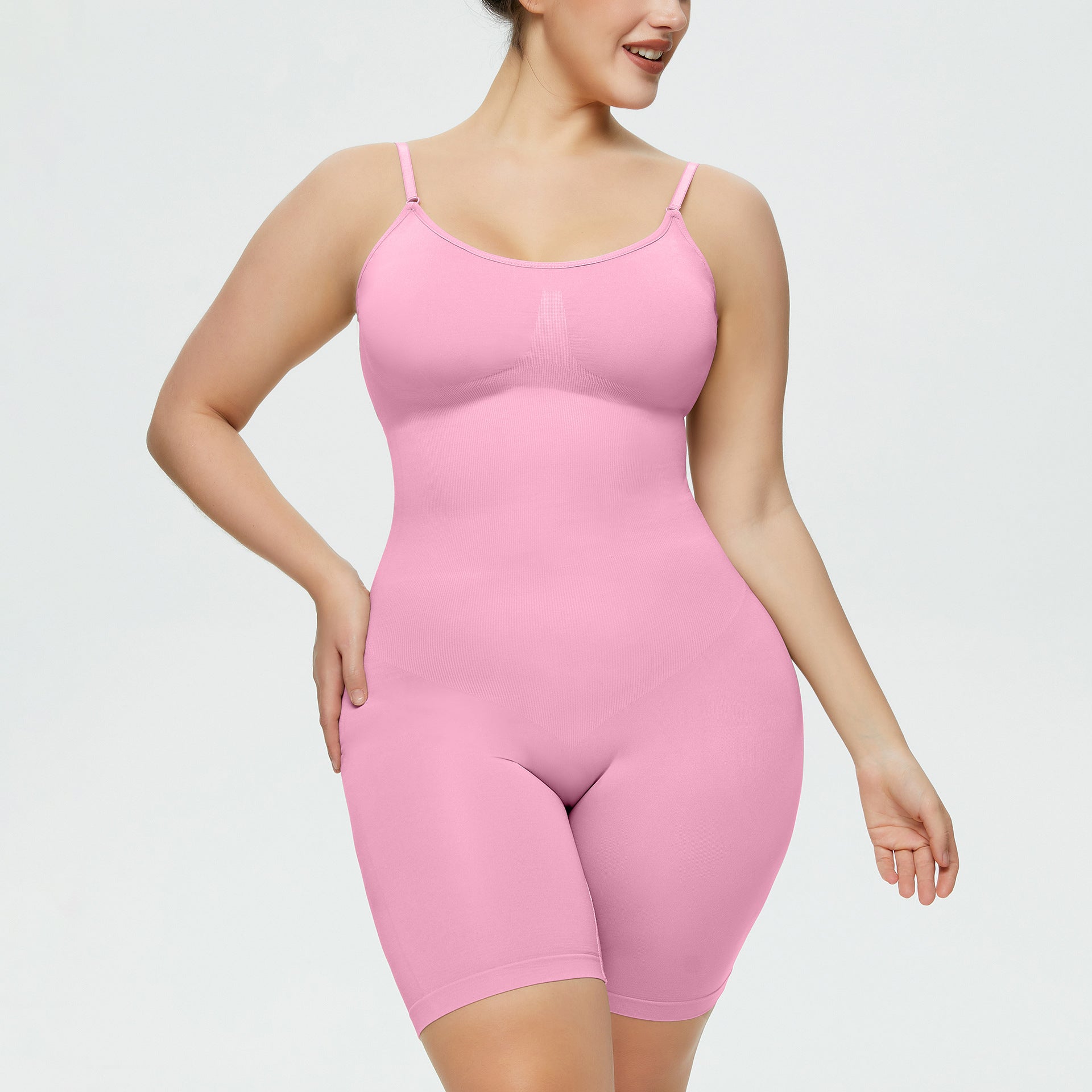 Front view of seamless bodysuit enhancing curves
