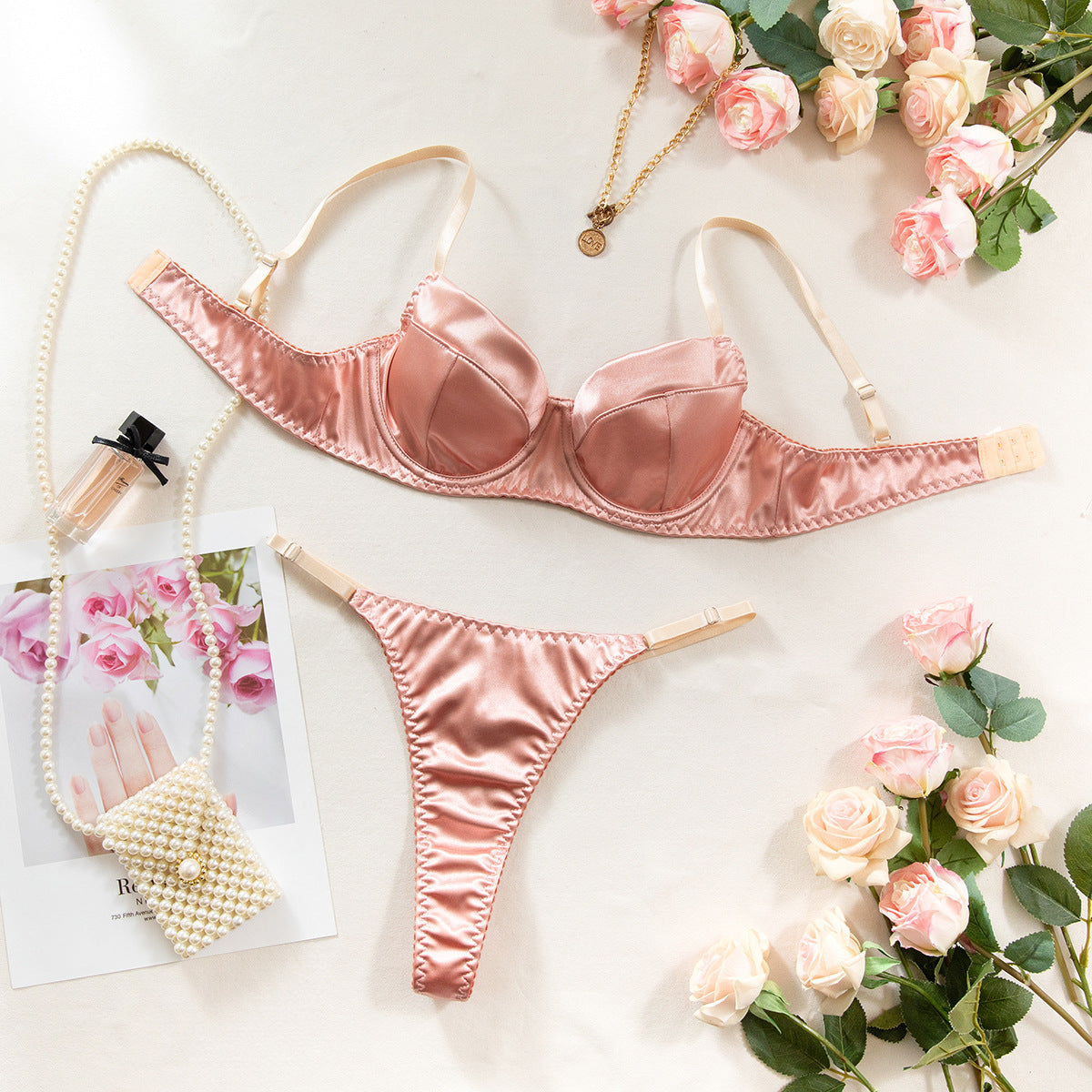 “Close-up of gathering design and silky texture on sexy satin lingerie bra”