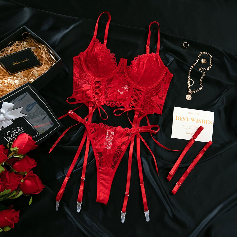 “Front view of red lace lingerie set with gathered bra and adjustable straps”