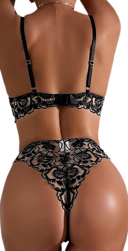 “Side view showing transparent thin fabric and body-flattering fit on lingerie set”