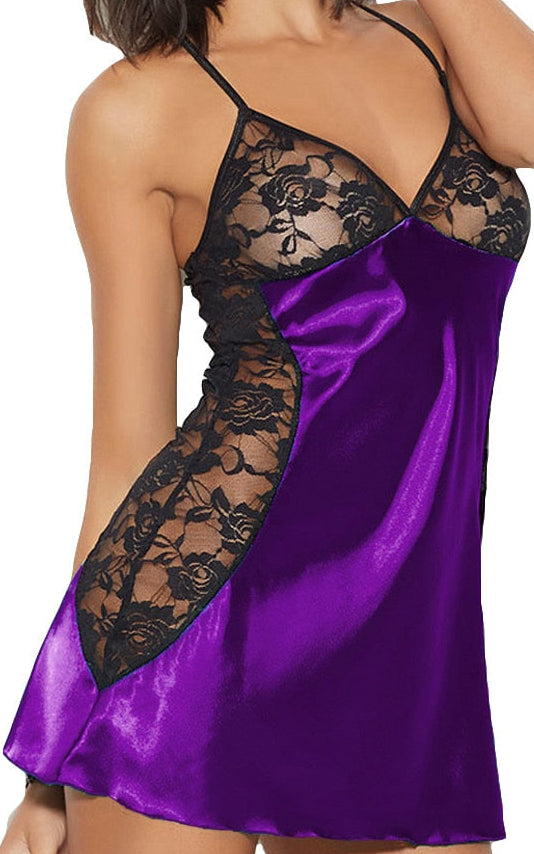 “Plus size patchwork lace and satin nightgown front view showing flowing design”