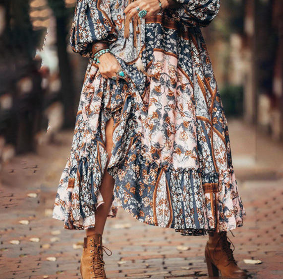 Kimono Bohemian Maxi Dress Puff Sleeve Mid-Waist Brown Long Office Printed Dress Plus Size