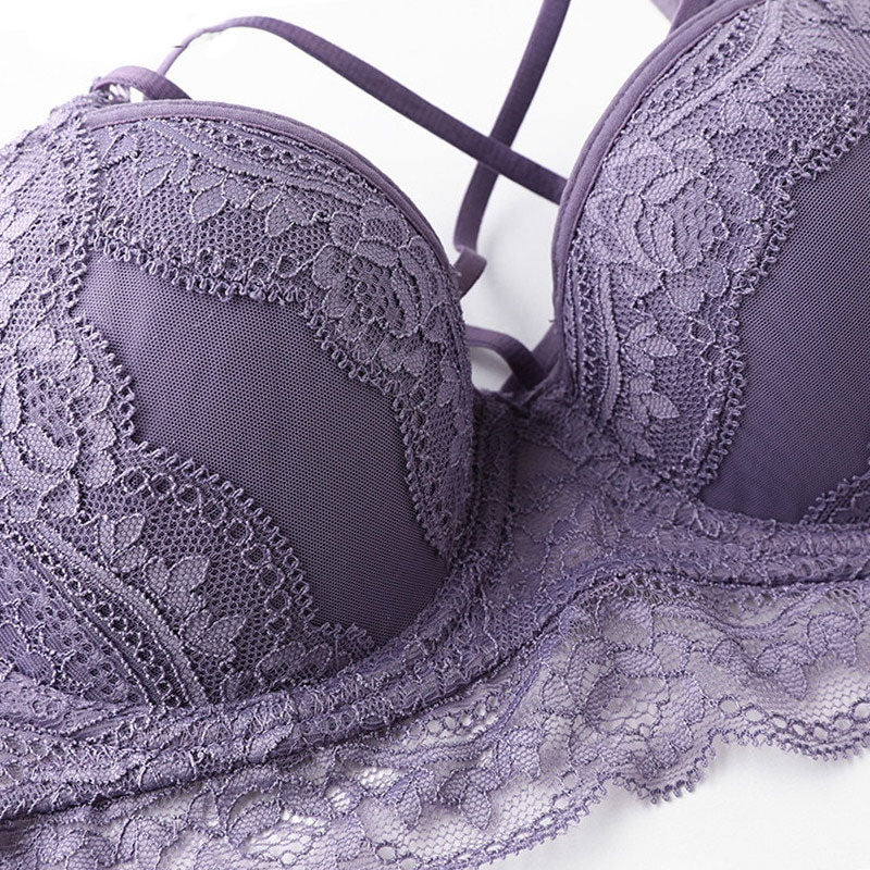 Close-up of thick cotton padded bra with lace details