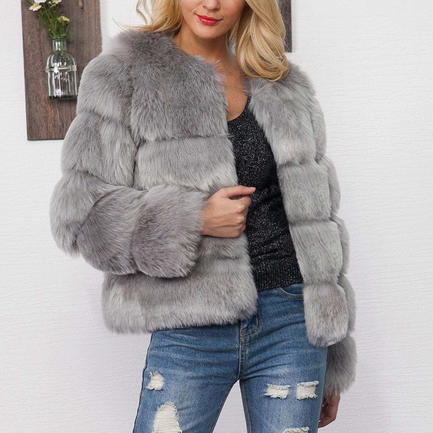 Fall Winter Faux Fur Cross Groove Coat Women Coat Fox Fur Short Overcoat Coat