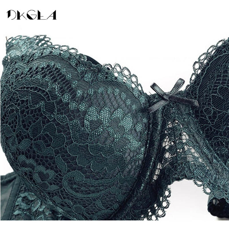Close-up of embroidered lace on purple push up bra