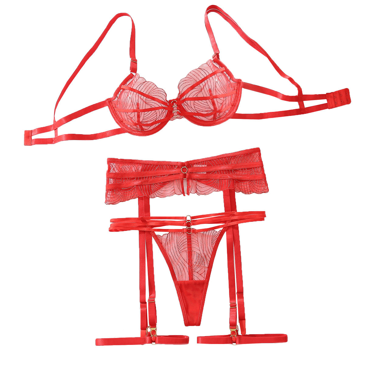 “matching red embroidered panty from the gathered mesh lingerie set”