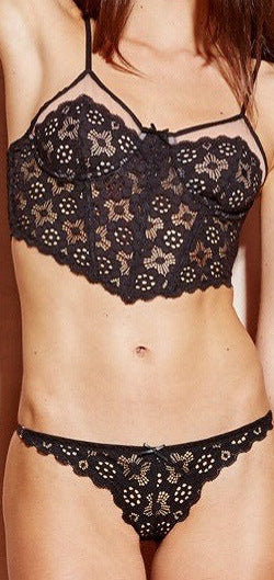 “Front view of European & American thin cup crochet lace camisole corset lingerie set”