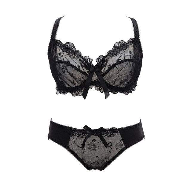 Transparent embroidered lace bra and panty set front view