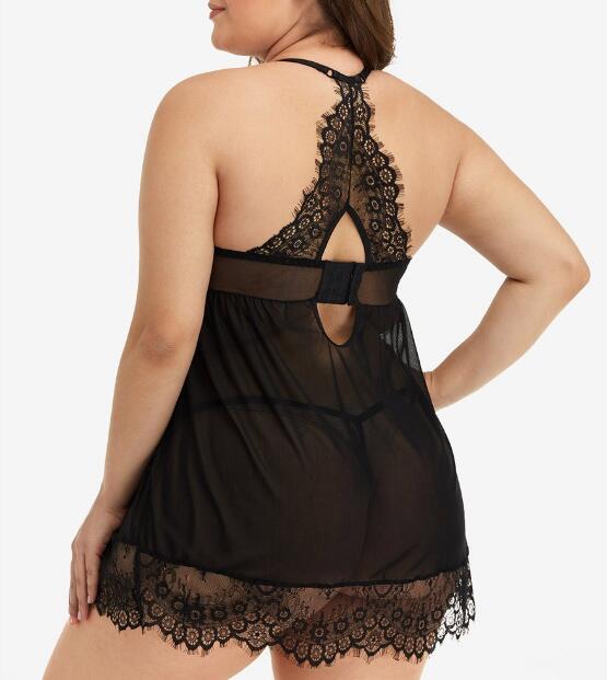 Side view of curvy woman wearing silk suspender lingerie dress