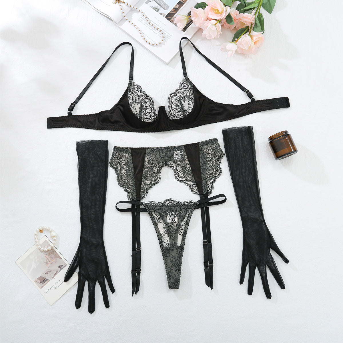 plus size embroidered lace four piece lingerie set