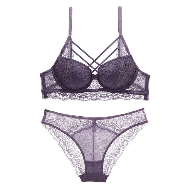 Black bandage push-up lace embroidery bra set for curvy women