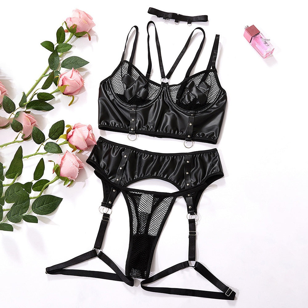 Close-up of leather and mesh contrast on plus size lingerie