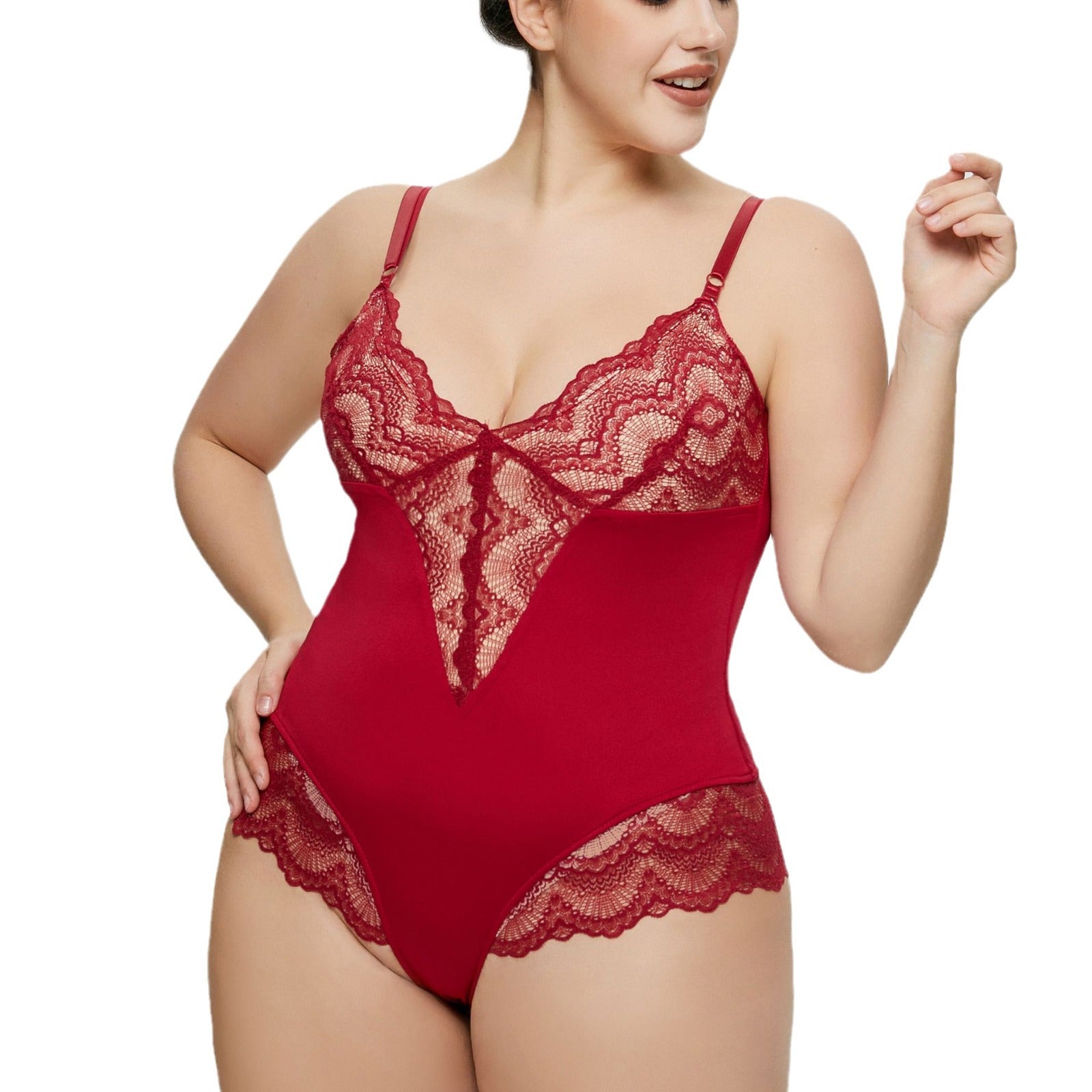 Close-up of lace detailing on plus size strap bodysuit