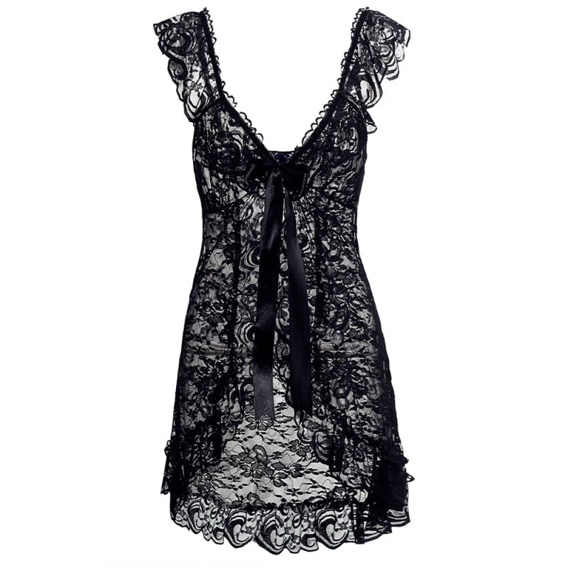 “Back view of lace lingerie nightgown set with G-string panties showing elegant drape”