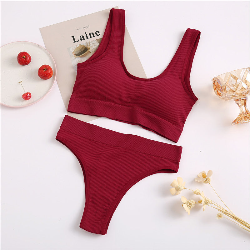 Seamless wireless padded bra and panty set laid flat