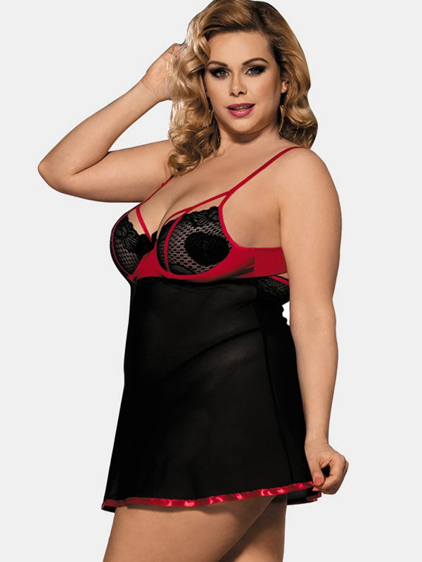 Side view of plus size mesh babydoll showing fit and curves