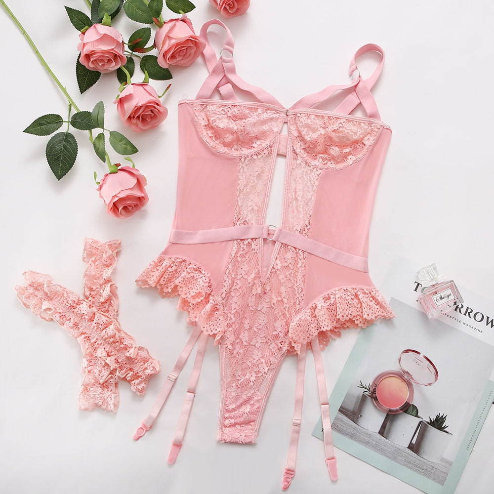 “Close-up of lace detailing and crotchless design on bodysuit babydoll”