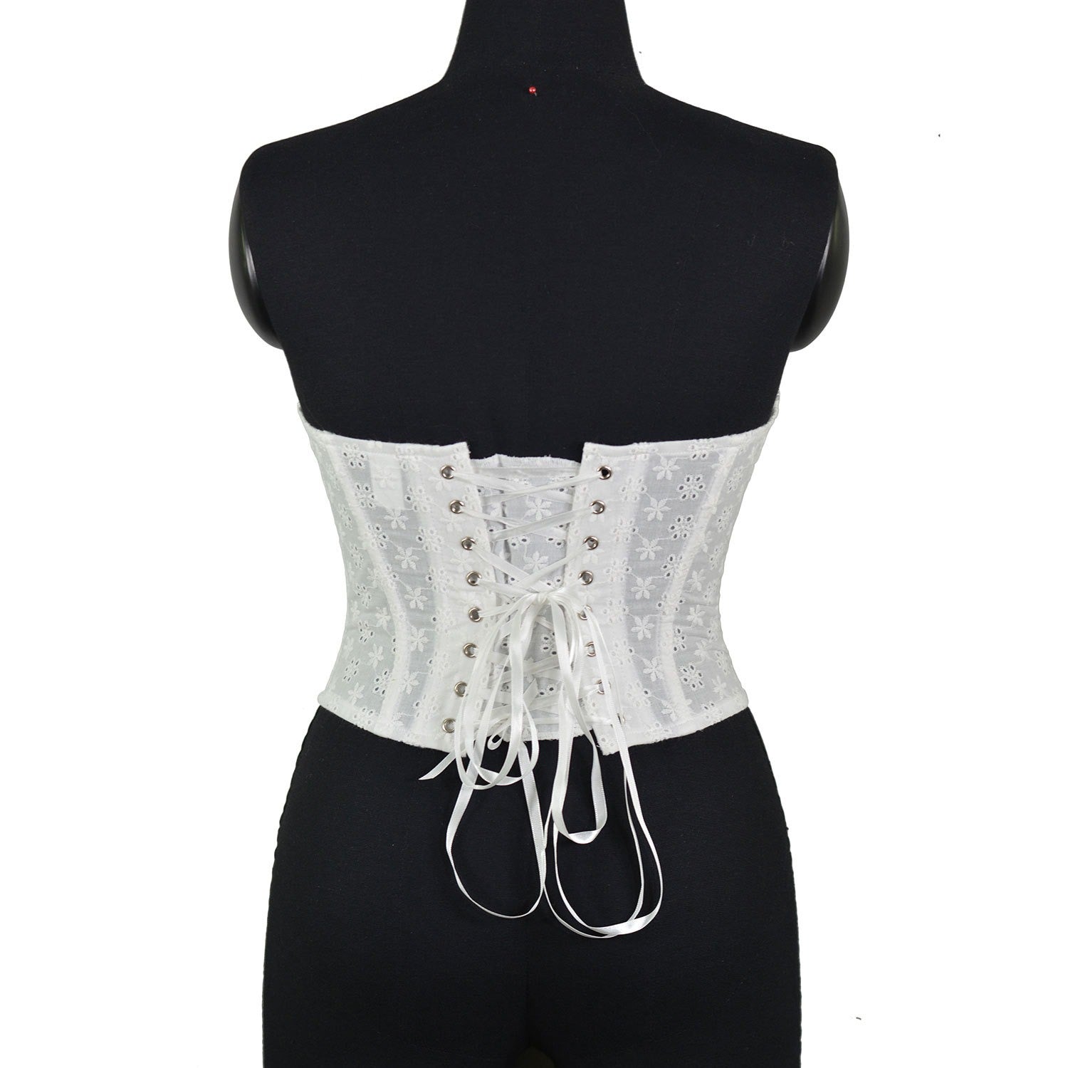 Side view of plus size corset showing waist shaping and bust lift
