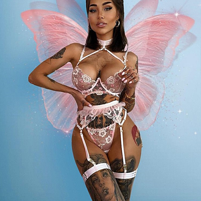 “Side view showing adjustable garter belt and lace detailing on lingerie set”