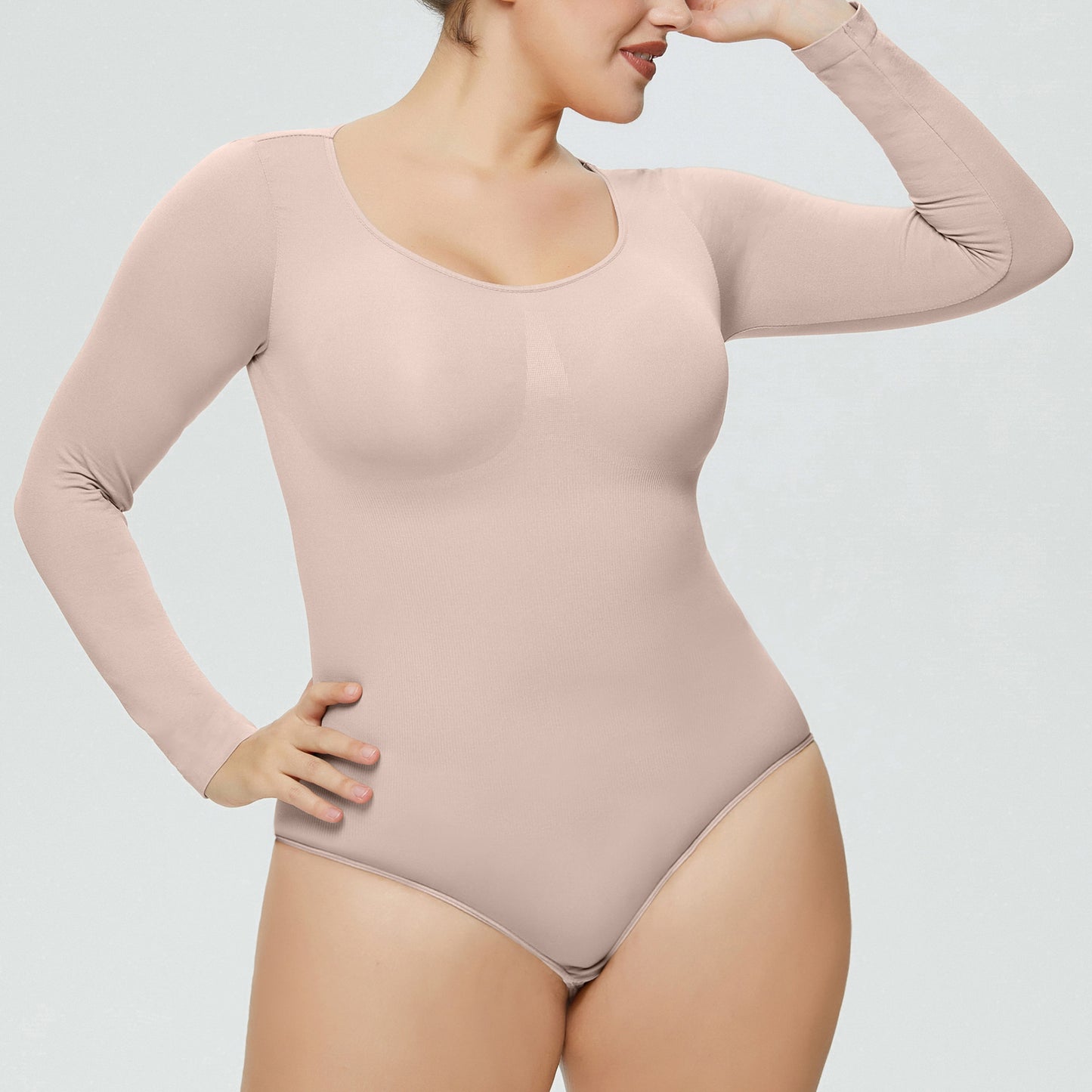 Plus size woman wearing hip-lifting body shaper