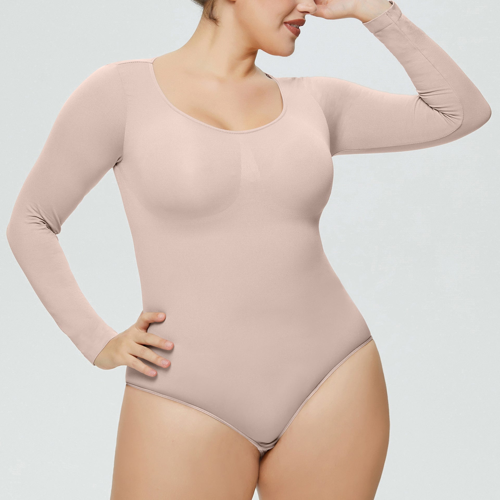 Plus size woman wearing hip-lifting body shaper