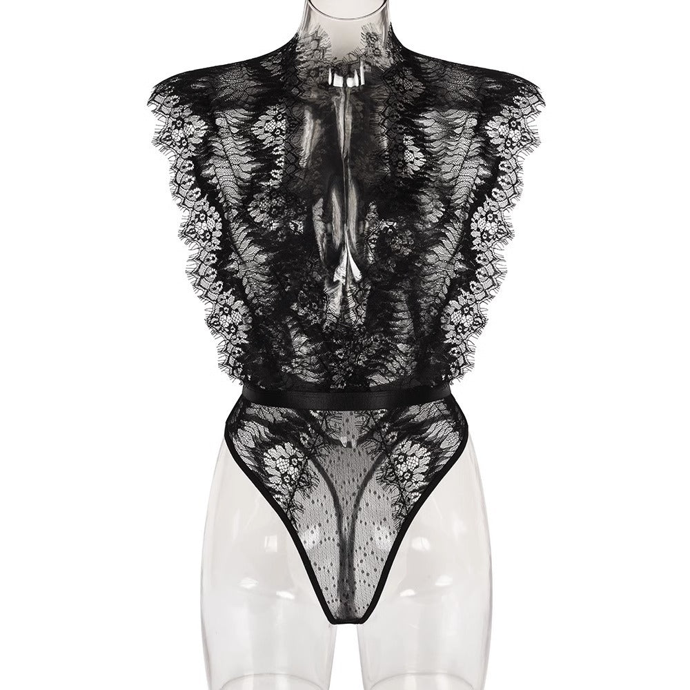 “Close-up of lace eyelash trim on deep V mesh slimming jumpsuit lingerie set”