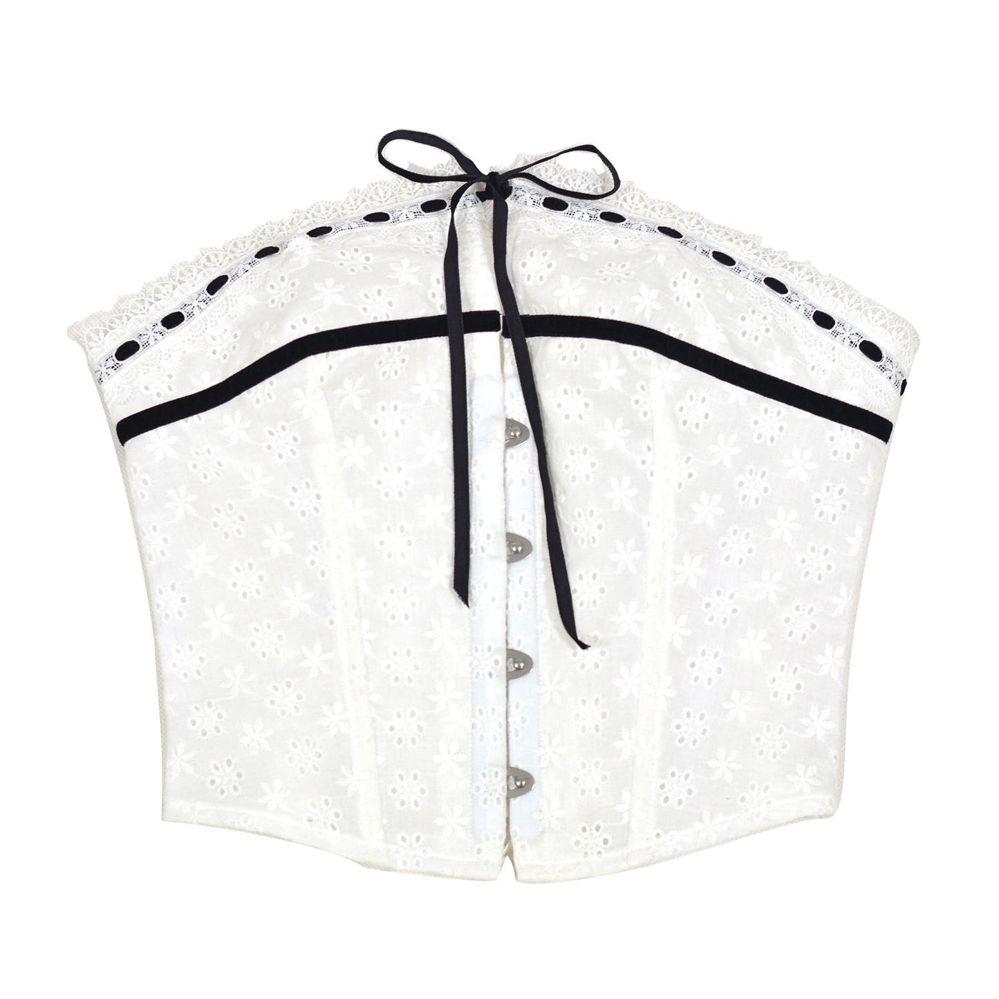 Plus size woman wearing white hooked herringbone corset front view