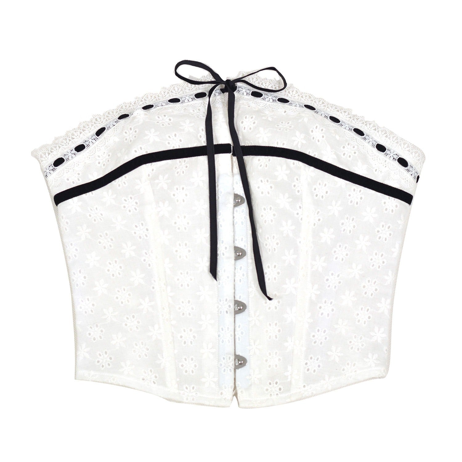 Plus size woman wearing white hooked herringbone corset front view